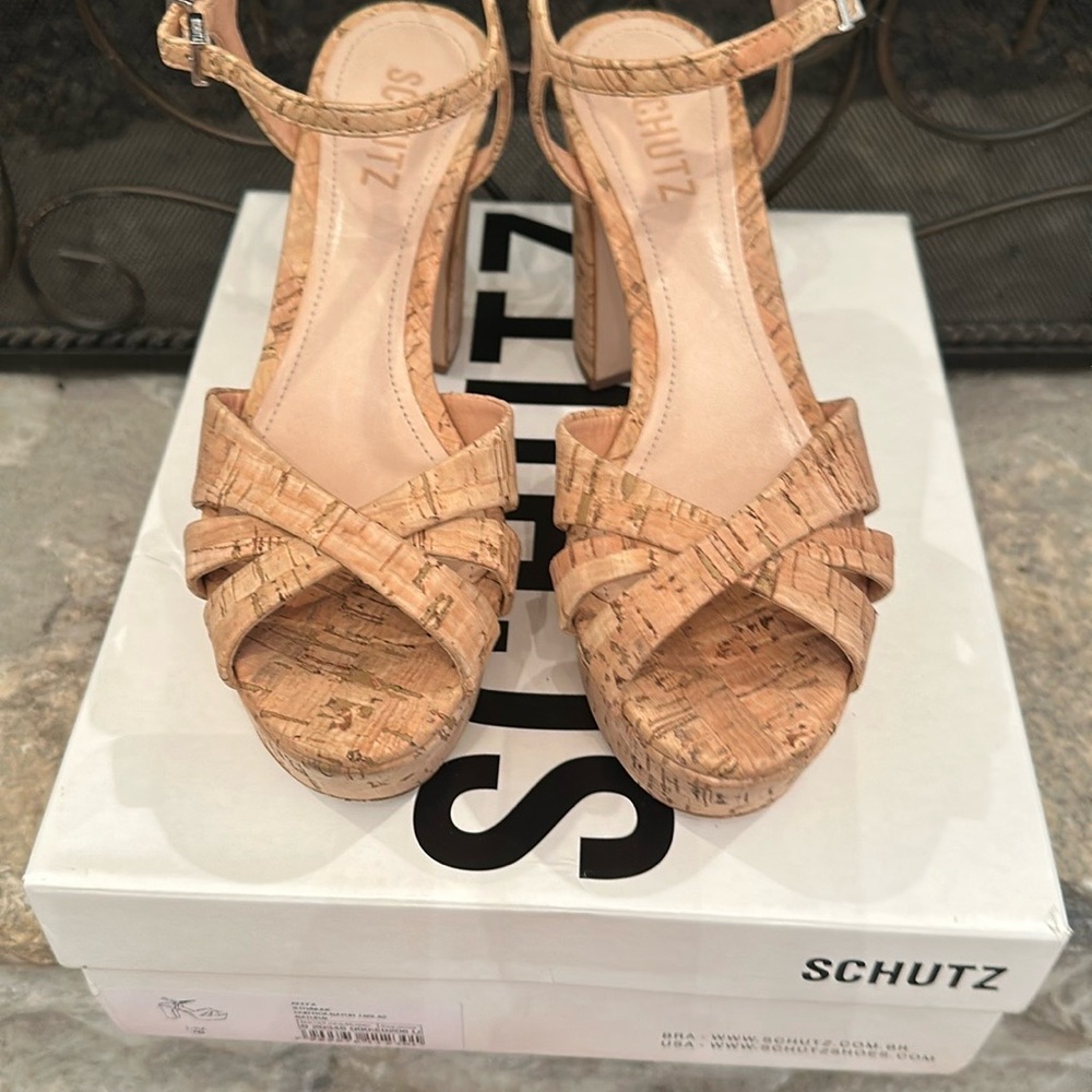 SCHUTZ Tan Platform Heels with Chunky Cork Heel - Picture 16 of 16
